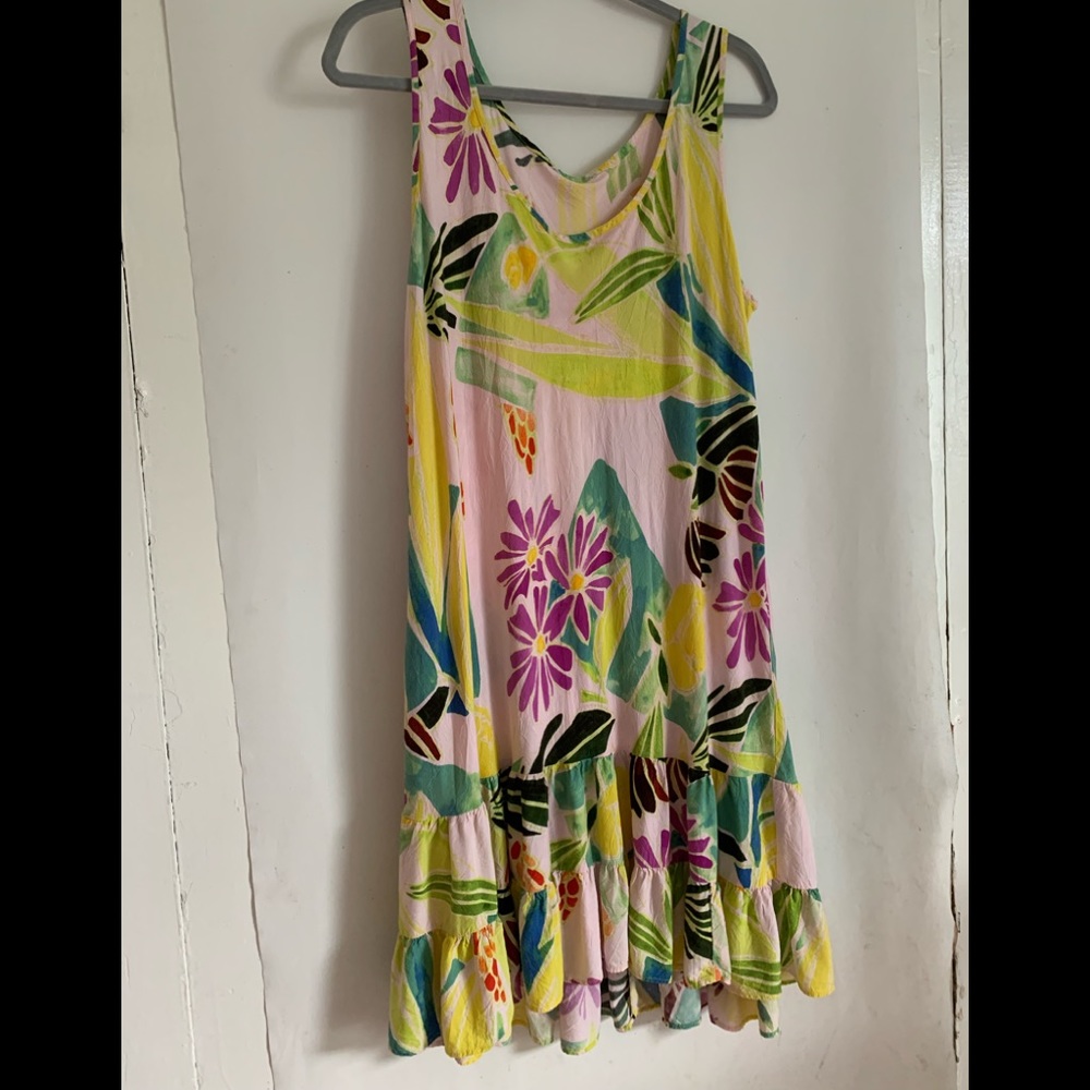 Jams World Pink Tropical Floral Cotton Sundress with Yellow & Green Accents
